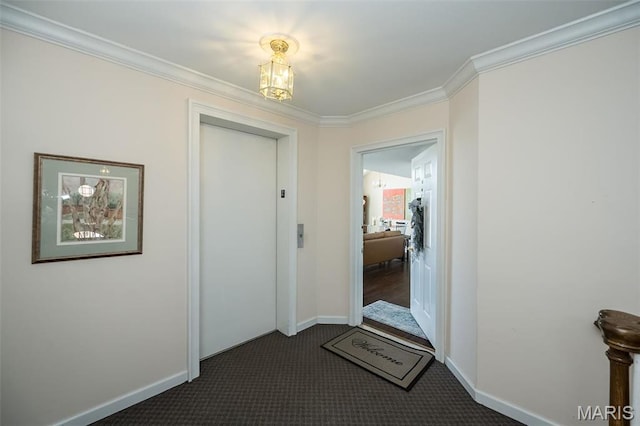 12 Country Club Ter, Glendale, MO 63122 - hallway featuring crown molding, dark colored carpet, baseboards, and elevator