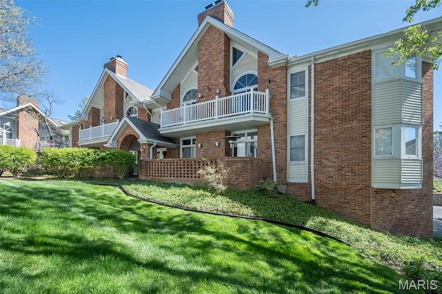 12 Country Club Ter, Glendale, MO 63122 - rear view of property with a chimney, a yard, and brick siding