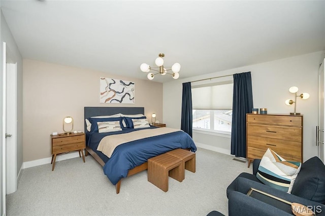 5019 Pacific Crest Trl, Cottleville, MO 63304 - bedroom with light colored carpet, a chandelier, and baseboards