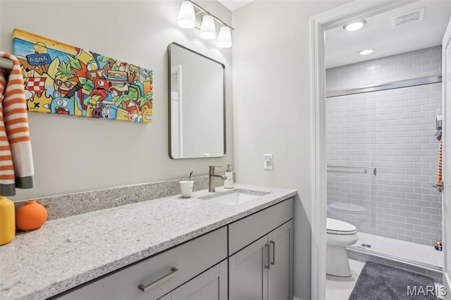 5019 Pacific Crest Trl, Cottleville, MO 63304 - full bath with vanity, toilet, a shower stall, recessed lighting, and tile patterned floors