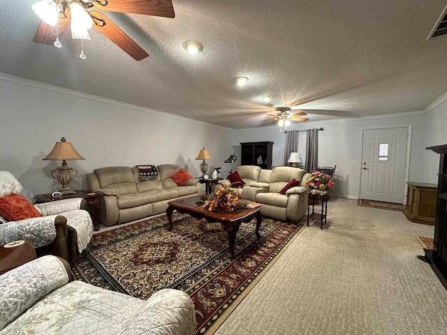 living room with ceiling fan, a textured ceiling, light carpet, crown molding, and baseboards