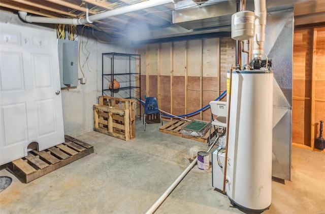 unfinished basement with gas water heater and electric panel