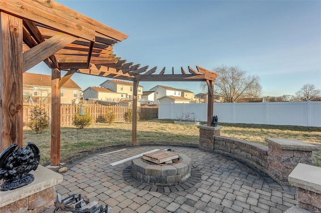 view of patio / terrace featuring a pergola and an outdoor fire pit