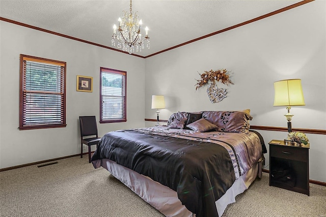 104 E 2nd St, Hermann, MO 65041 - carpeted bedroom featuring a chandelier, baseboards, crown molding, and a textured ceiling