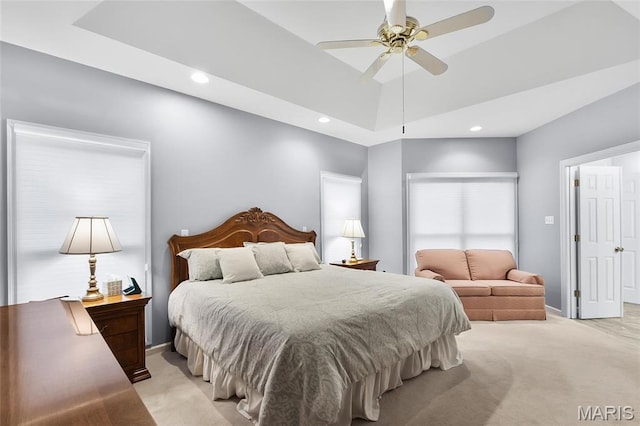 12537 Clark Manor Cir, Creve Coeur, MO 63141 - bedroom with light colored carpet, recessed lighting, baseboards, and ceiling fan