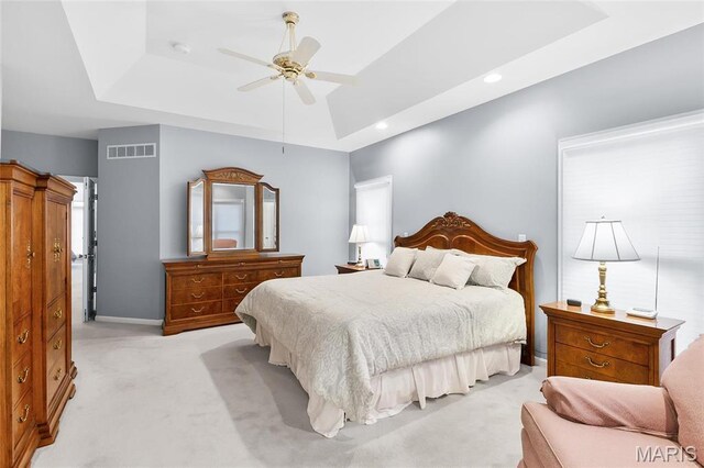 12537 Clark Manor Cir, Creve Coeur, MO 63141 - bedroom with a raised ceiling, light colored carpet, baseboards, a ceiling fan, and recessed lighting