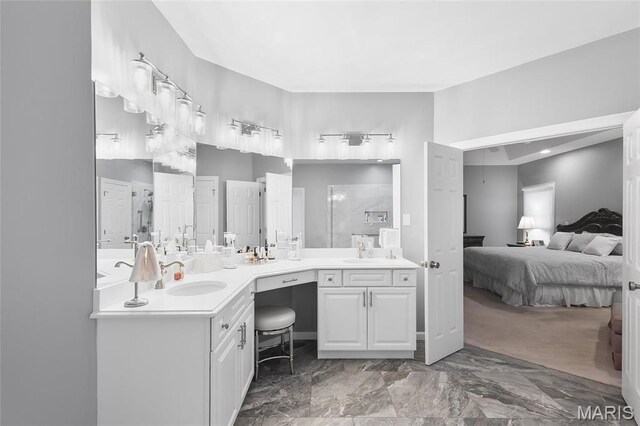 12537 Clark Manor Cir, Creve Coeur, MO 63141 - ensuite bathroom with a tile shower, marble finish floors, and vanity
