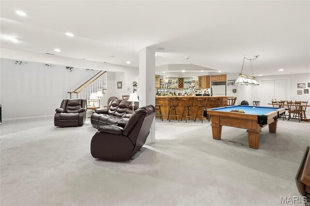 12537 Clark Manor Cir, Creve Coeur, MO 63141 - recreation room featuring recessed lighting, bar with sink, pool table, and light carpet