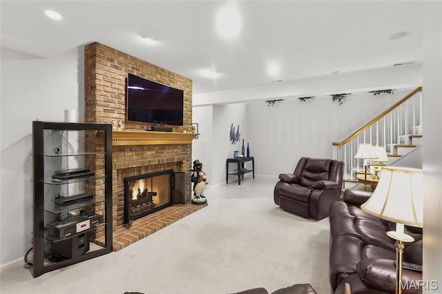 12537 Clark Manor Cir, Creve Coeur, MO 63141 - living room featuring carpet flooring, a fireplace, stairway, baseboards, and recessed lighting