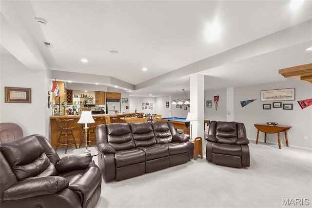 12537 Clark Manor Cir, Creve Coeur, MO 63141 - living room with pool table, light colored carpet, recessed lighting, and bar area