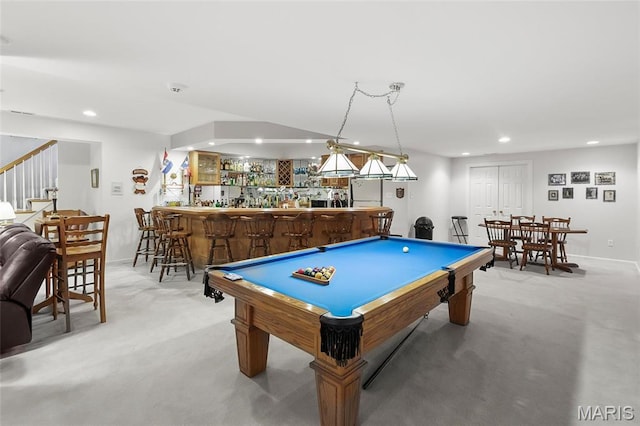 12537 Clark Manor Cir, Creve Coeur, MO 63141 - playroom featuring light carpet, wet bar, recessed lighting, and pool table
