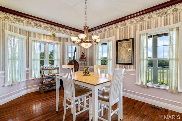 11400 State Road C, Hillsboro, MO 63050 - dining area with baseboards, wallpapered walls, a chandelier, dark wood finished floors, and ornamental molding