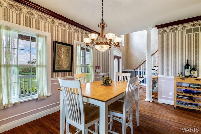 11400 State Road C, Hillsboro, MO 63050 - dining area featuring wallpapered walls, plenty of natural light, wood finished floors, stairs, and a chandelier