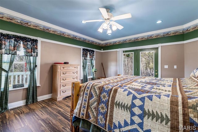 11400 State Road C, Hillsboro, MO 63050 - bedroom with wood finished floors, baseboards, recessed lighting, french doors, and a ceiling fan