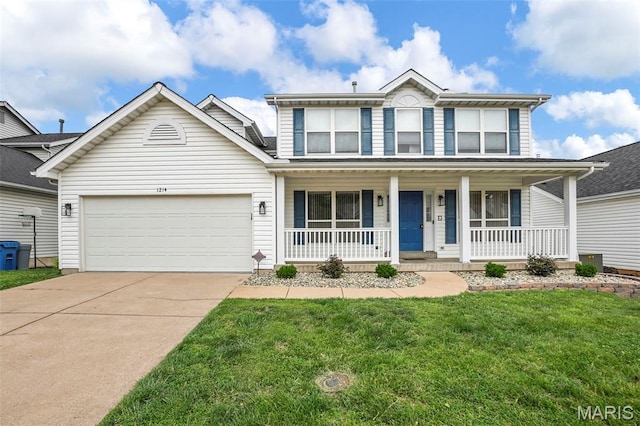 1214 Westrun Dr, Ballwin, MO 63021 - traditional home with covered porch, driveway, an attached garage, and a front yard