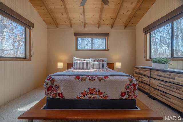 1758 Turrach Dr, Innsbrook, MO 63390 - bedroom featuring carpet, multiple windows, wood ceiling with exposed beams, and wooden walls