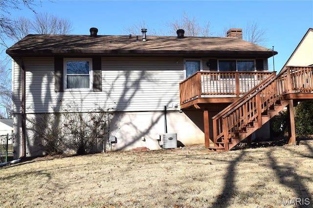 50 Arabelle Dr, Belleville, IL 62220 - back of property with a wooden deck, a chimney, stairs, and a cooling unit