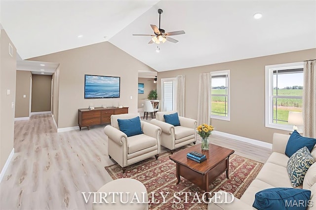 1002 Brianna Ct, Jerseyville, IL 62052 - living room with a ceiling fan, light wood finished floors, vaulted ceiling, and recessed lighting