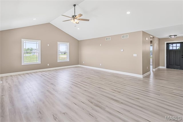 1002 Brianna Ct, Jerseyville, IL 62052 - unfurnished living room featuring a ceiling fan, light wood-type flooring, lofted ceiling, and recessed lighting