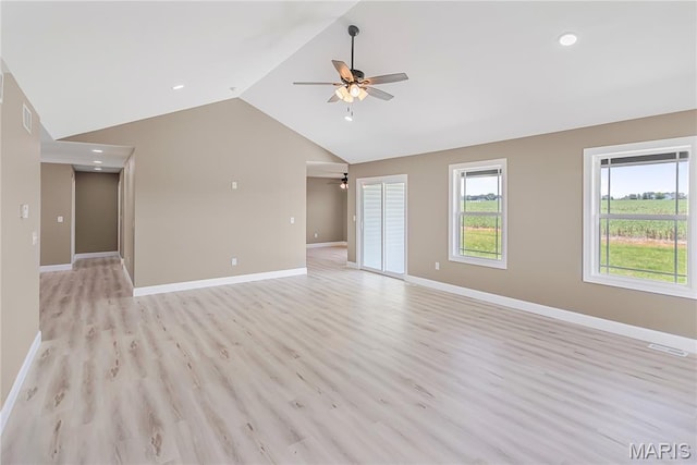 1002 Brianna Ct, Jerseyville, IL 62052 - unfurnished living room featuring ceiling fan, vaulted ceiling, light wood-type flooring, and recessed lighting