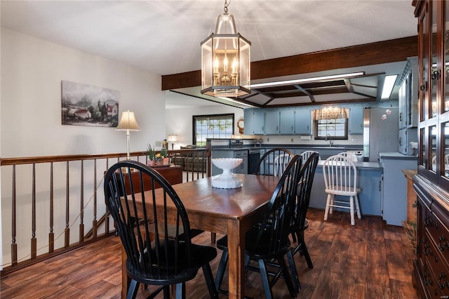 6492 State Highway 25, Dexter, MO 63841 - dining room with a chandelier, dark wood-style flooring, and beamed ceiling