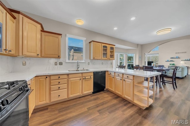 1101 Panda Ct, Wentzville, MO 63385 - kitchen with black appliances, a peninsula, light brown cabinets, a sink, and recessed lighting