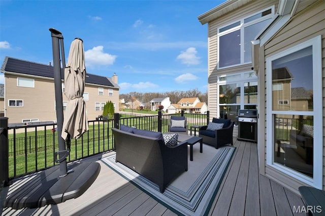 1101 Panda Ct, Wentzville, MO 63385 - wooden terrace featuring an outdoor hangout area, a residential view, a yard, and grilling area