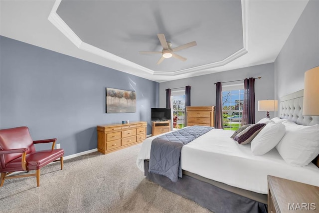 1101 Panda Ct, Wentzville, MO 63385 - bedroom with a tray ceiling, carpet, baseboards, and ceiling fan