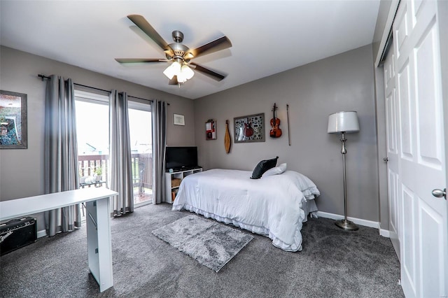 bedroom with carpet flooring, baseboards, a closet, and ceiling fan