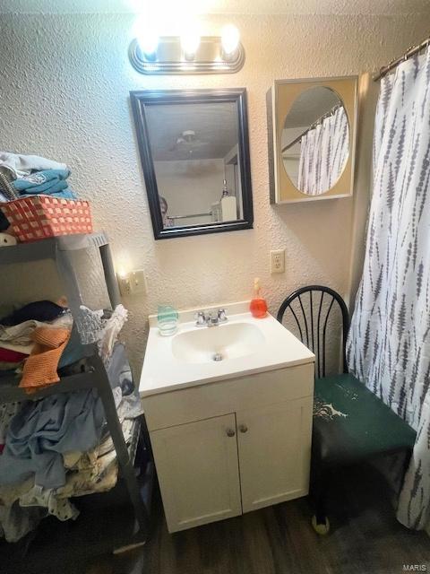659 W 4th St, Lebanon, MO 65536 - full bath featuring a textured wall, wood finished floors, vanity, and curtained shower
