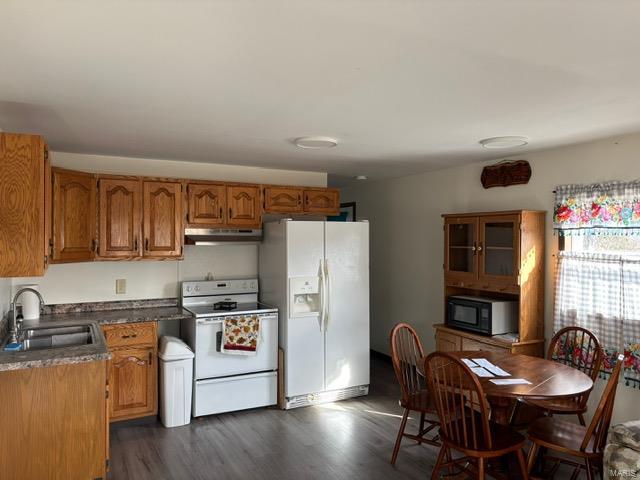 kitchen featuring white appliances, a sink, under cabinet range hood, and dark wood-style flooring