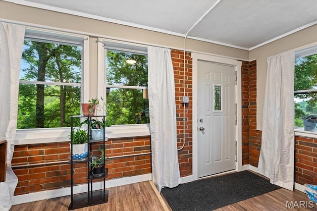 6405 S Ronnie Dr, Waterloo, IL 62298 - doorway with wood finished floors, brick wall, and plenty of natural light