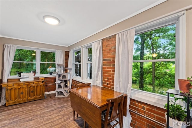 6405 S Ronnie Dr, Waterloo, IL 62298 - office space with ornamental molding, plenty of natural light, wood finished floors, and brick wall