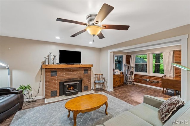 6405 S Ronnie Dr, Waterloo, IL 62298 - living room with wood finished floors, a fireplace, ceiling fan, and recessed lighting