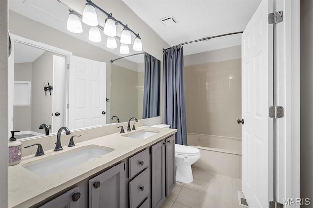 bathroom with tile patterned flooring, toilet, shower / tub combo with curtain, and double vanity