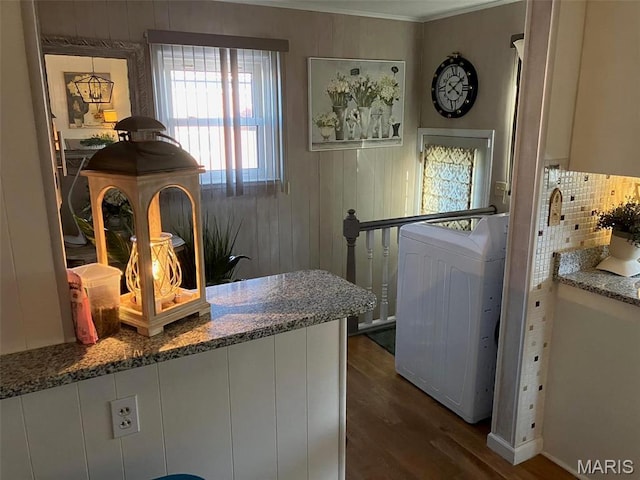 550 N 4th St, Breese, IL 62230 - laundry room featuring washer / clothes dryer, dark wood-style flooring, ornamental molding, and wooden walls