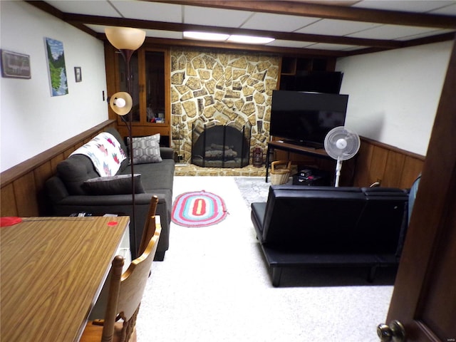 508 N Galloway Rd, Vandalia, MO 63382 - living room with wainscoting, a stone fireplace, wooden walls, a drop ceiling, and carpet flooring