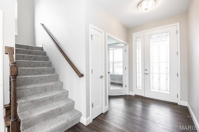 135 Reagan Dr, Troy, IL 62294 - foyer with baseboards, stairway, and dark wood-style floors