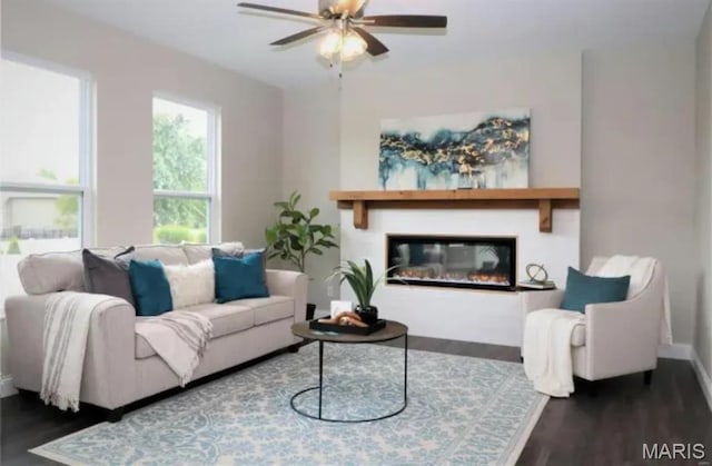 135 Reagan Dr, Troy, IL 62294 - living room with wood finished floors, ceiling fan, a glass covered fireplace, and baseboards