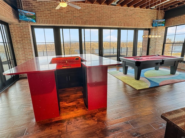 6 E Front St Unit 6, Washington, MO 63090 - playroom with brick wall, hardwood / wood-style floors, ceiling fan, billiards, and a high ceiling