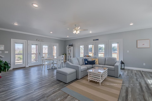 24345 State Rte Ww Unit 46, Saint Genevieve, MO 63670 - living area with french doors, wood finished floors, recessed lighting, a ceiling fan, and ornamental molding