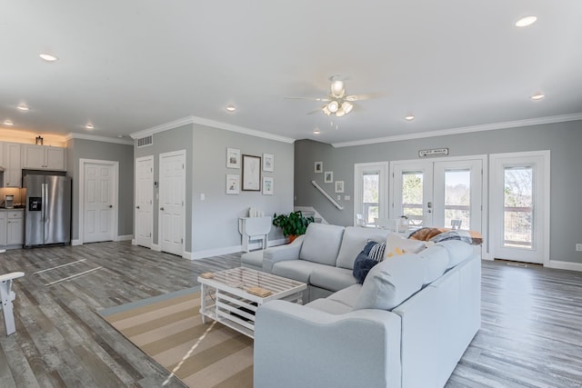 24345 State Rte Ww Unit 46, Saint Genevieve, MO 63670 - living area with light wood-style floors, baseboards, recessed lighting, french doors, and a ceiling fan