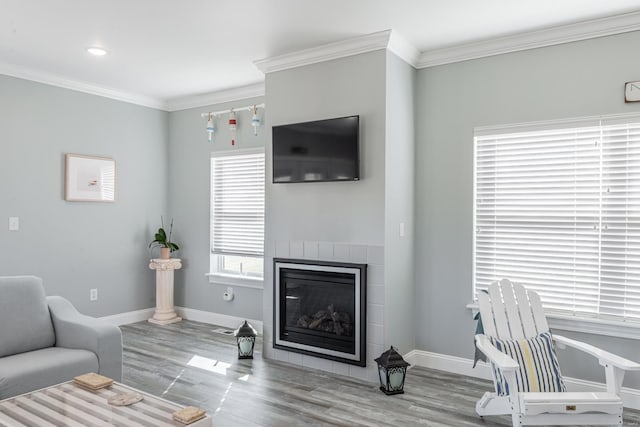 24345 State Rte Ww Unit 46, Saint Genevieve, MO 63670 - living area with wood finished floors, a tile fireplace, baseboards, and ornamental molding