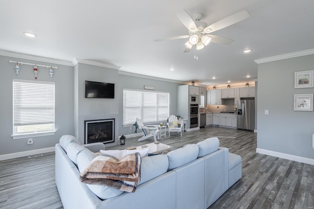24345 State Rte Ww Unit 46, Saint Genevieve, MO 63670 - living area featuring ornamental molding, baseboards, a fireplace, wood finished floors, and a ceiling fan