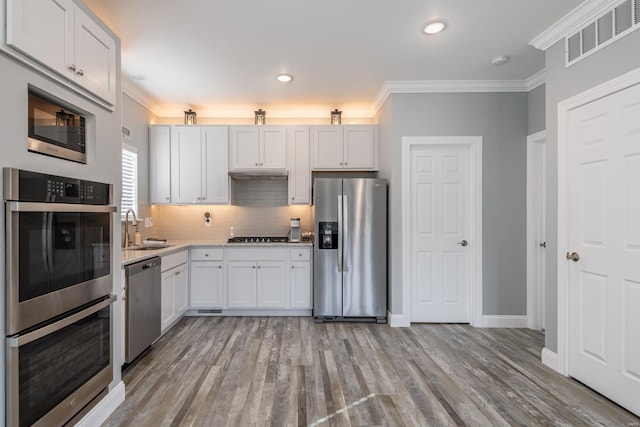 24345 State Rte Ww Unit 46, Saint Genevieve, MO 63670 - kitchen with stainless steel appliances, a sink, ornamental molding, tasteful backsplash, and light wood-type flooring