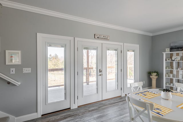 24345 State Rte Ww Unit 46, Saint Genevieve, MO 63670 - doorway to outside featuring french doors, ornamental molding, plenty of natural light, and wood finished floors
