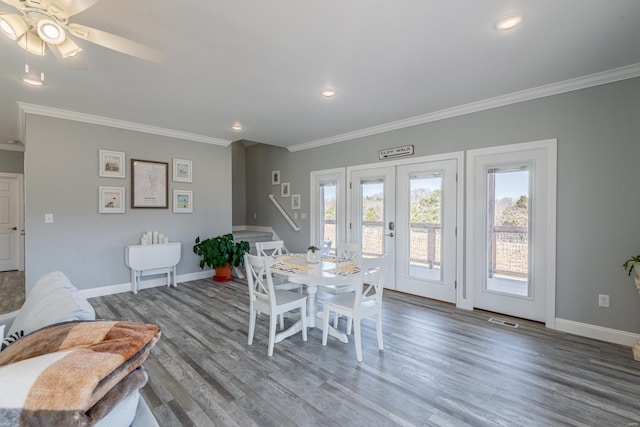 24345 State Rte Ww Unit 46, Saint Genevieve, MO 63670 - dining area with ornamental molding, wood finished floors, baseboards, a ceiling fan, and french doors