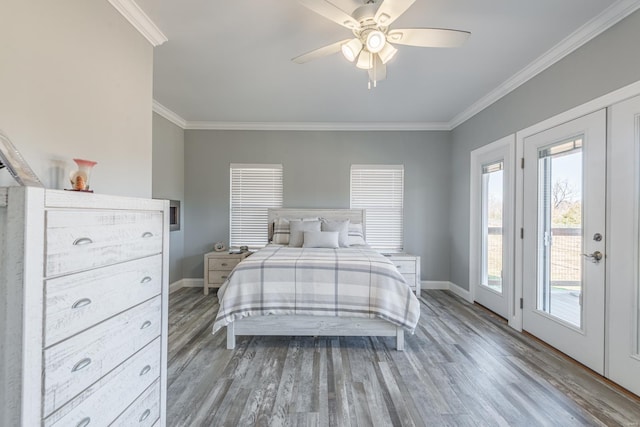 24345 State Rte Ww Unit 46, Saint Genevieve, MO 63670 - bedroom featuring access to outside, ornamental molding, wood finished floors, baseboards, and ceiling fan