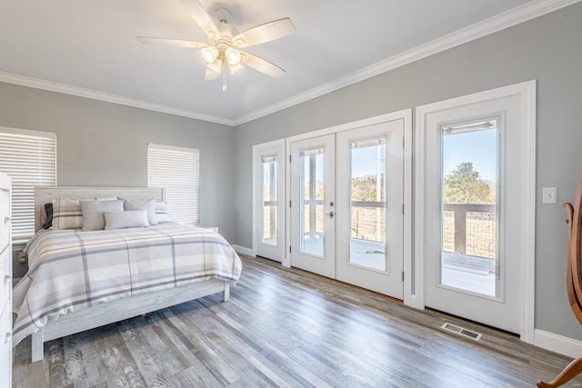 24345 State Rte Ww Unit 46, Saint Genevieve, MO 63670 - bedroom featuring french doors, access to outside, ornamental molding, wood finished floors, and baseboards