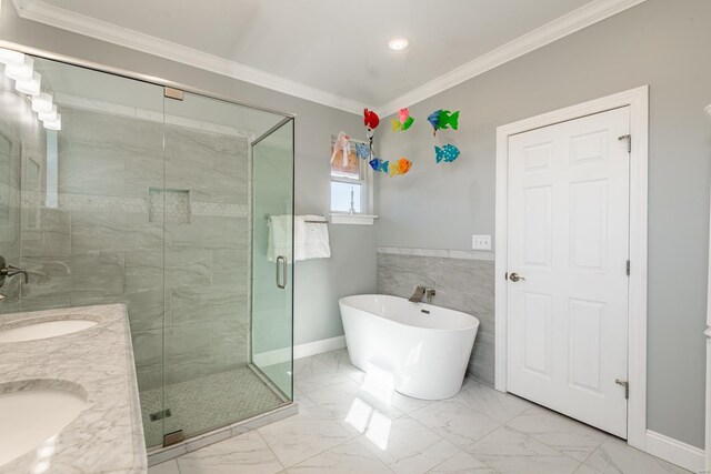 24345 State Rte Ww Unit 46, Saint Genevieve, MO 63670 - full bath with marble finish floors, ornamental molding, a soaking tub, a shower stall, and baseboards